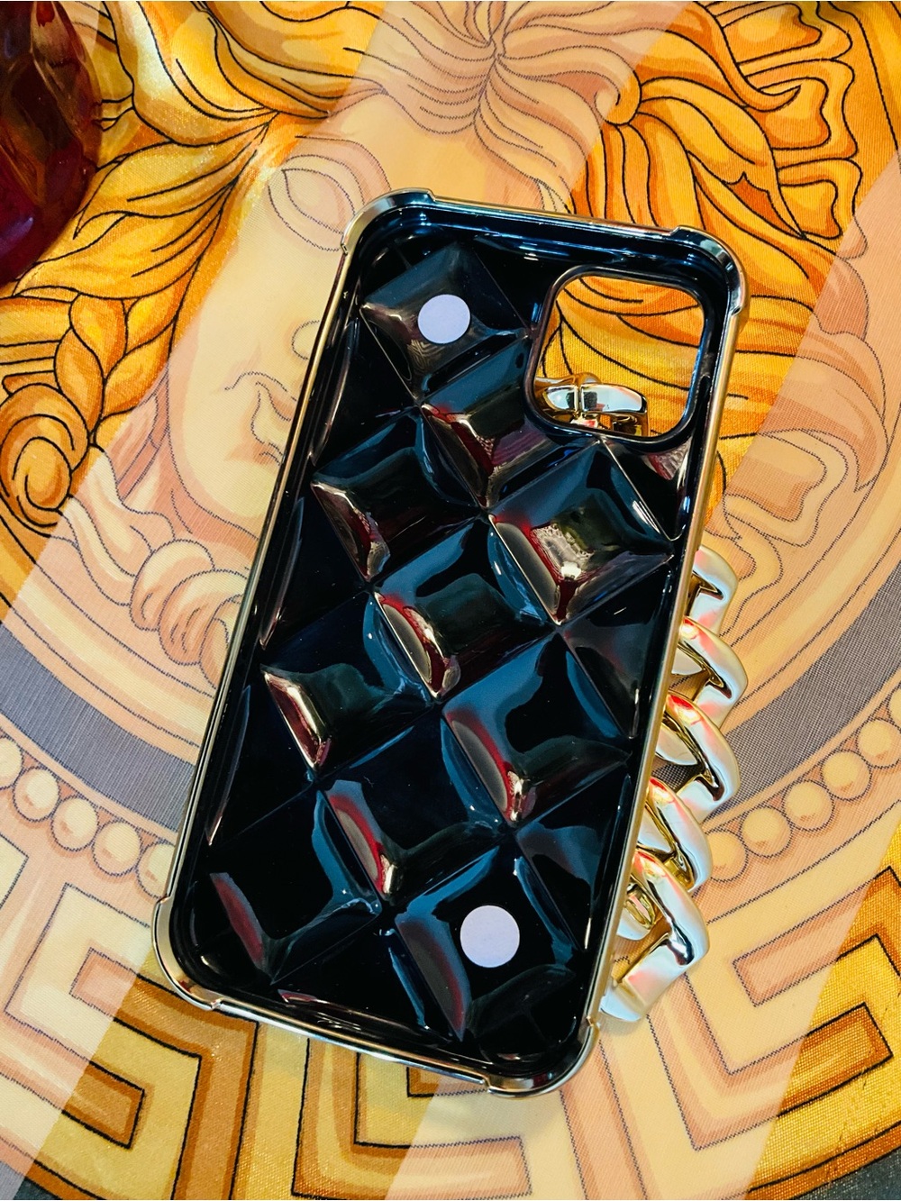 Gold Quilted Rhinestone Chain Phone Case - Compatible I Phone 12 Accessory - Picture 7 of 9